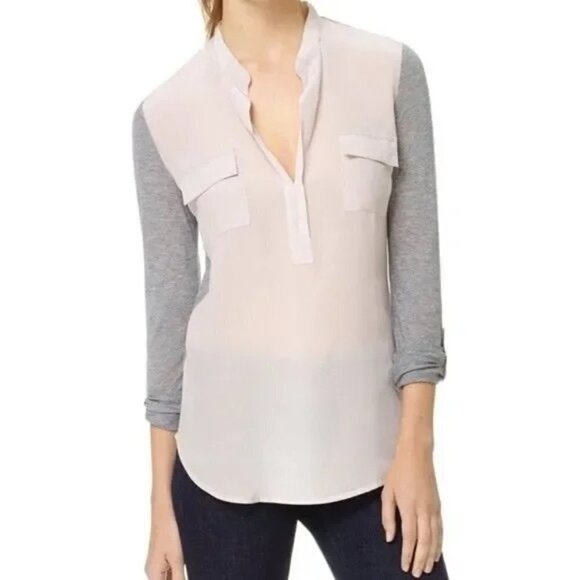 𝅺Aritzia Babaton Julien Blouse Top Henley Silk Front Rolled Sleeve Size XS - Picture 1 of 7